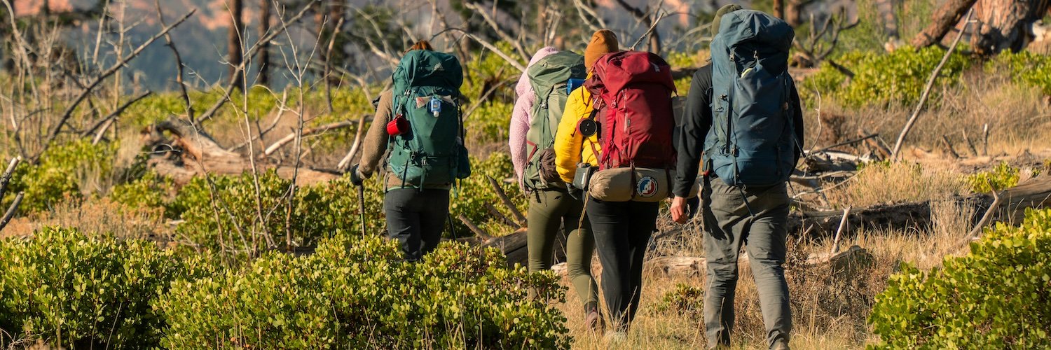 Group of hikers on a trail at golden hour
