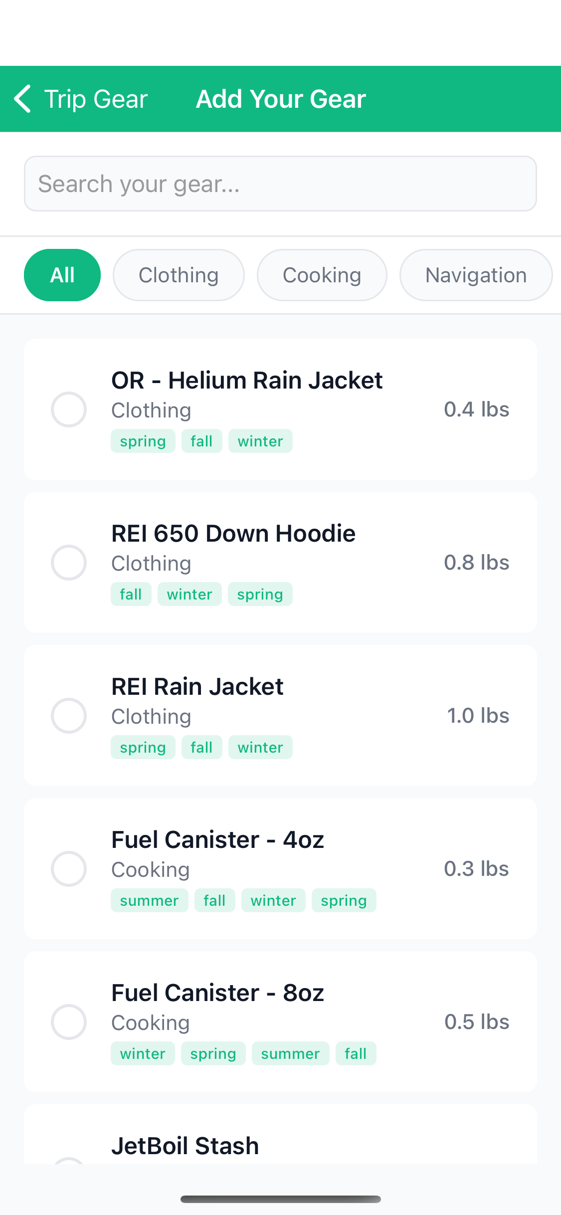 Add Gear From Personal Screen