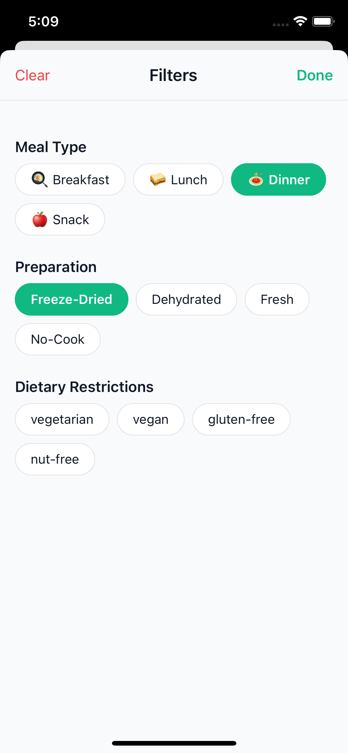 Meal with Filters Screen