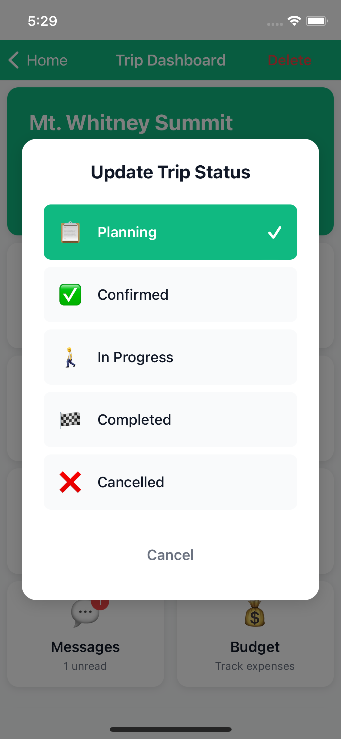 Trip Change Status Screen